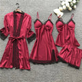 Sleepwear Set | Silk Satin & Lace Trim | 4-Piece Set