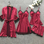 Sleepwear Set | Silk Satin & Lace Trim | 4-Piece Set
