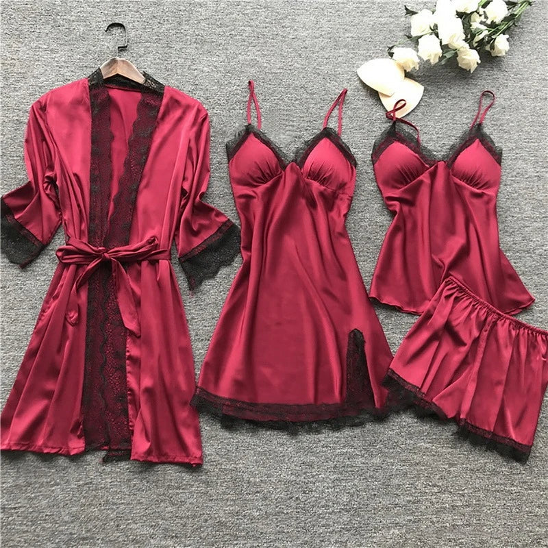 Sleepwear Set | Silk Satin & Lace Trim | 4-Piece Set