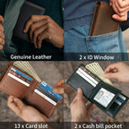 Men’s Wallet | RFID-Blocking Genuine Leather Slim Bifold | 13 Card Slots