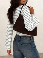 Women's T-Shirt | Striped Rib-Knit | Boat Neck & Cropped Long Sleeve