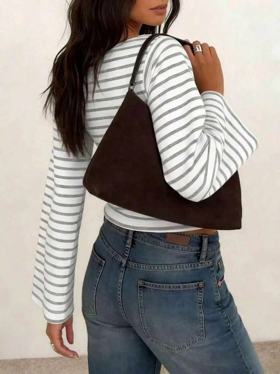 Women's T-Shirt | Striped Rib-Knit | Boat Neck & Cropped Long Sleeve