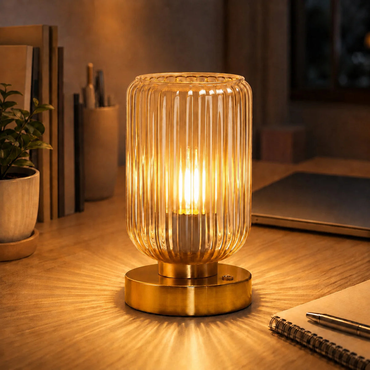 Table Lamp | Vintage Ribbed Glass & Gold Base