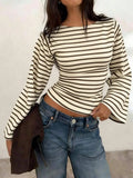 Women's T-Shirt | Striped Rib-Knit | Boat Neck & Cropped Long Sleeve