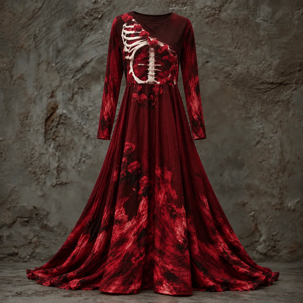 Halloween Dress | Skeleton Bodice & Rose Details | Long-Sleeved