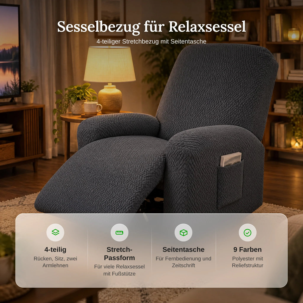 Recliner Cover | Stretch Fabric & Side Pocket | 4-Piece Set