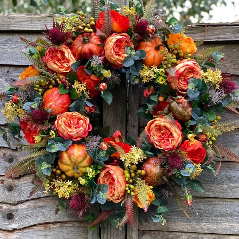 Autumn Wreath | Artificial Roses, Mini Pumpkins & Eucalyptus