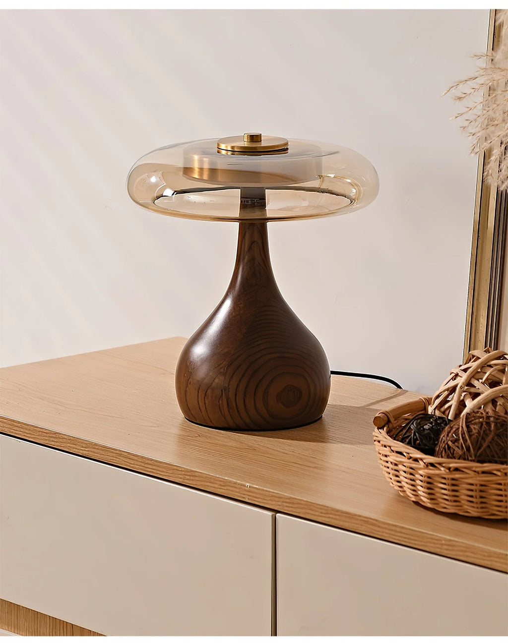Table Lamp | Walnut-Tone Wood & Amber Glass | Warm LED Light