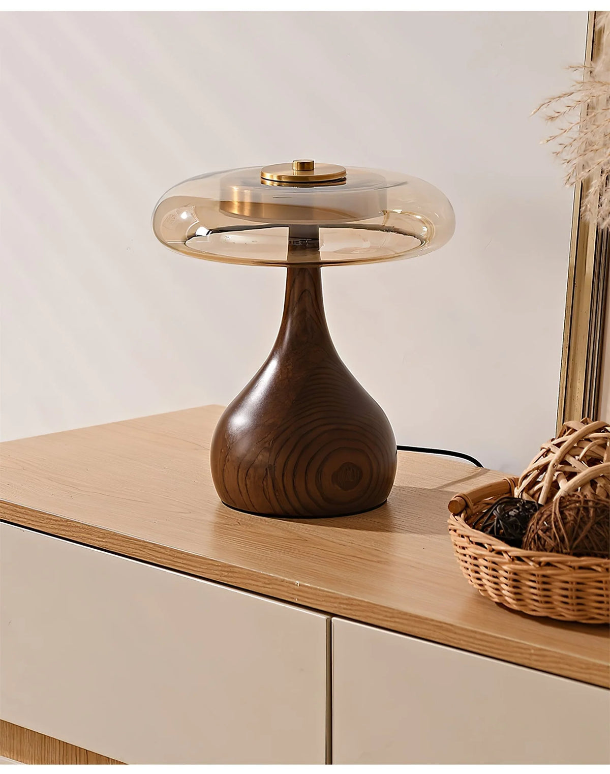 Table Lamp | Walnut-Tone Wood & Amber Glass | Warm LED Light