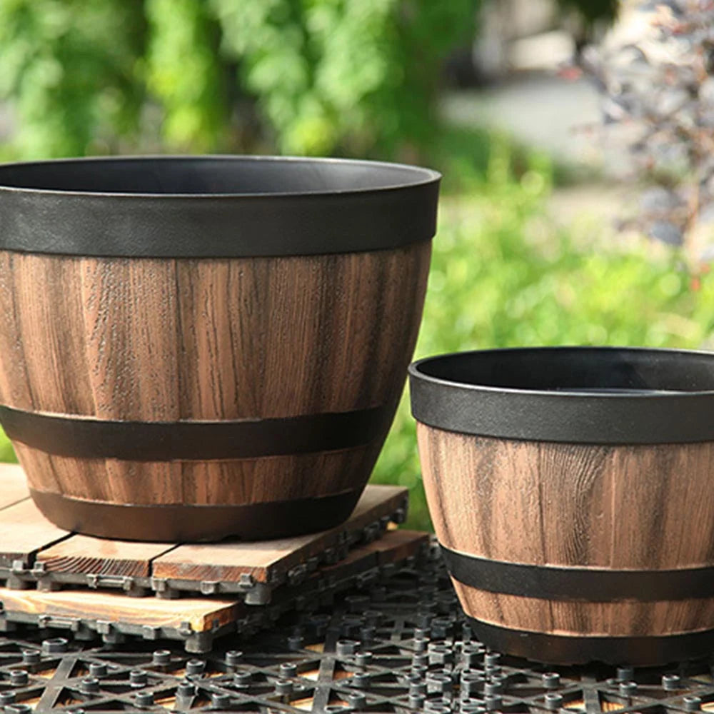 Plant Pot | High-Density Resin & Barrel Design | With Drainage Holes