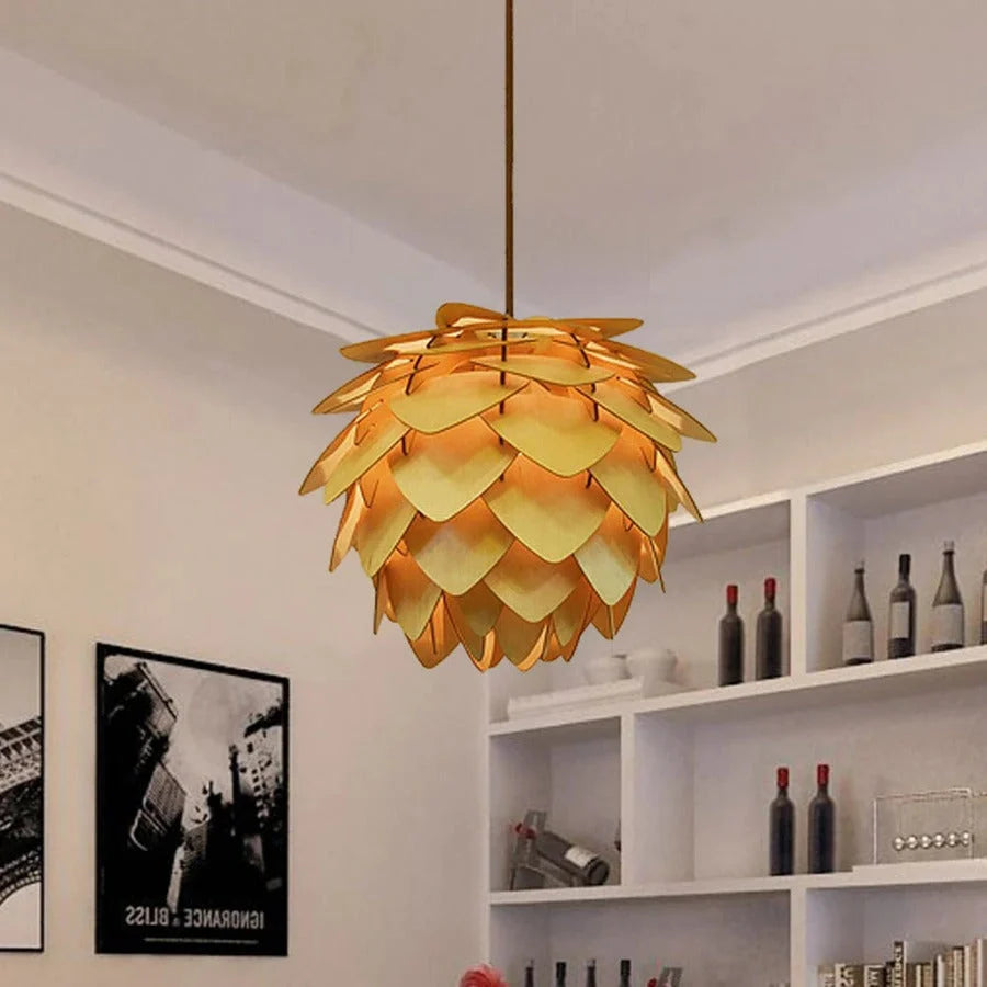 Pendant Lamp | Handcrafted Pine Wood Veneer & Dimmable LED Compatible | Diameter 38/45/68 cm
