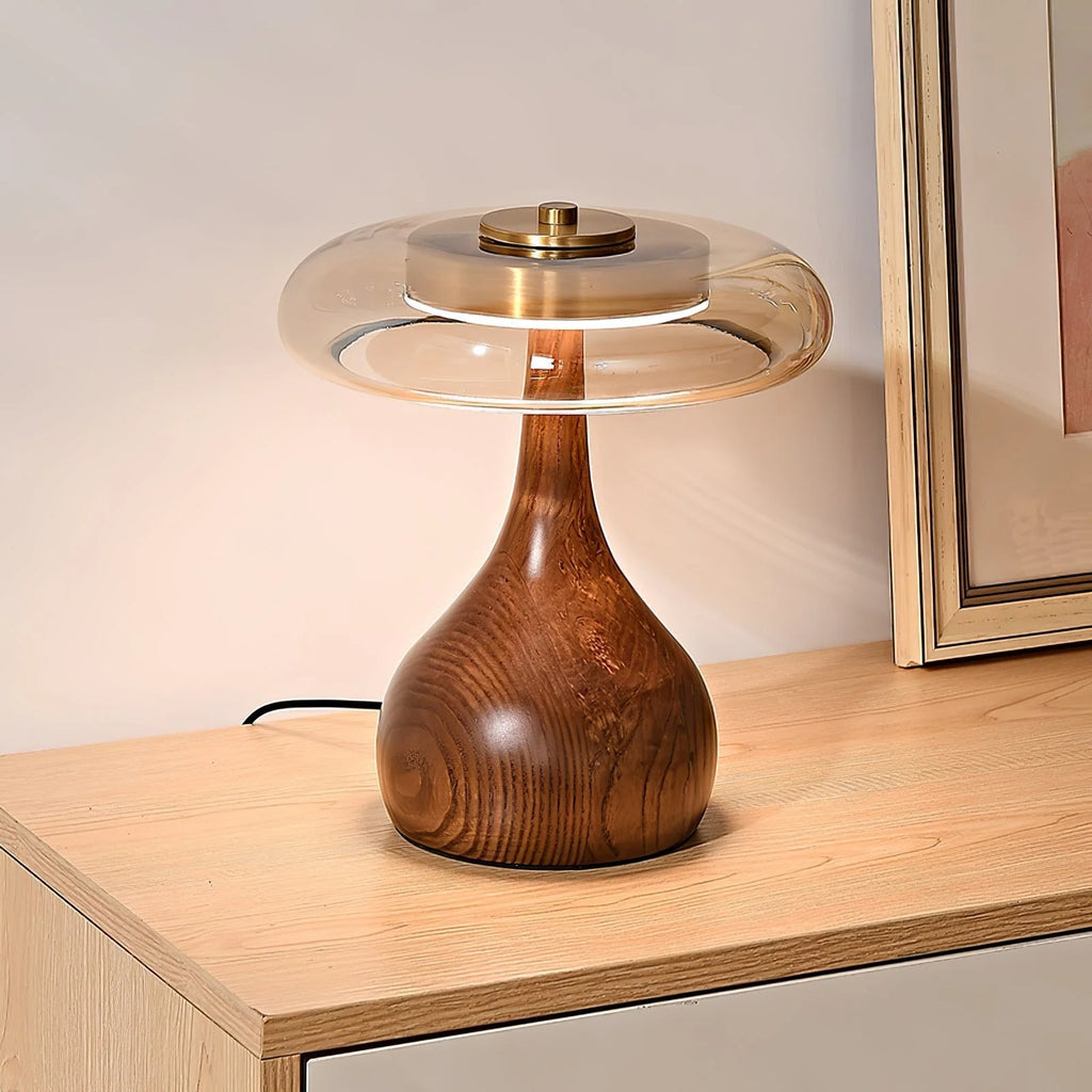 Table Lamp | Walnut-Tone Wood & Amber Glass | Warm LED Light