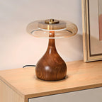 Table Lamp | Walnut-Tone Wood & Amber Glass | Warm LED Light