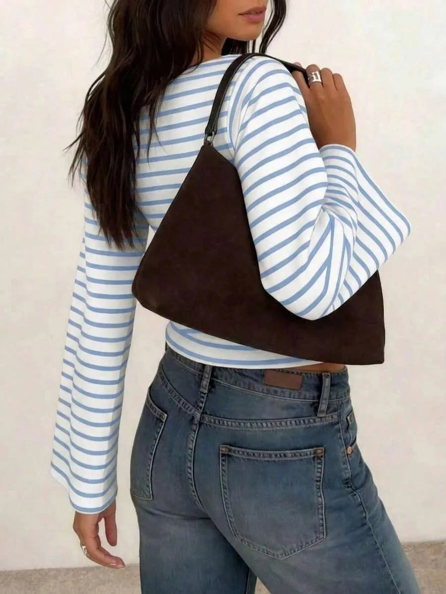 Women's T-Shirt | Striped Rib-Knit | Boat Neck & Cropped Long Sleeve