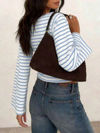 Women's T-Shirt | Striped Rib-Knit | Boat Neck & Cropped Long Sleeve