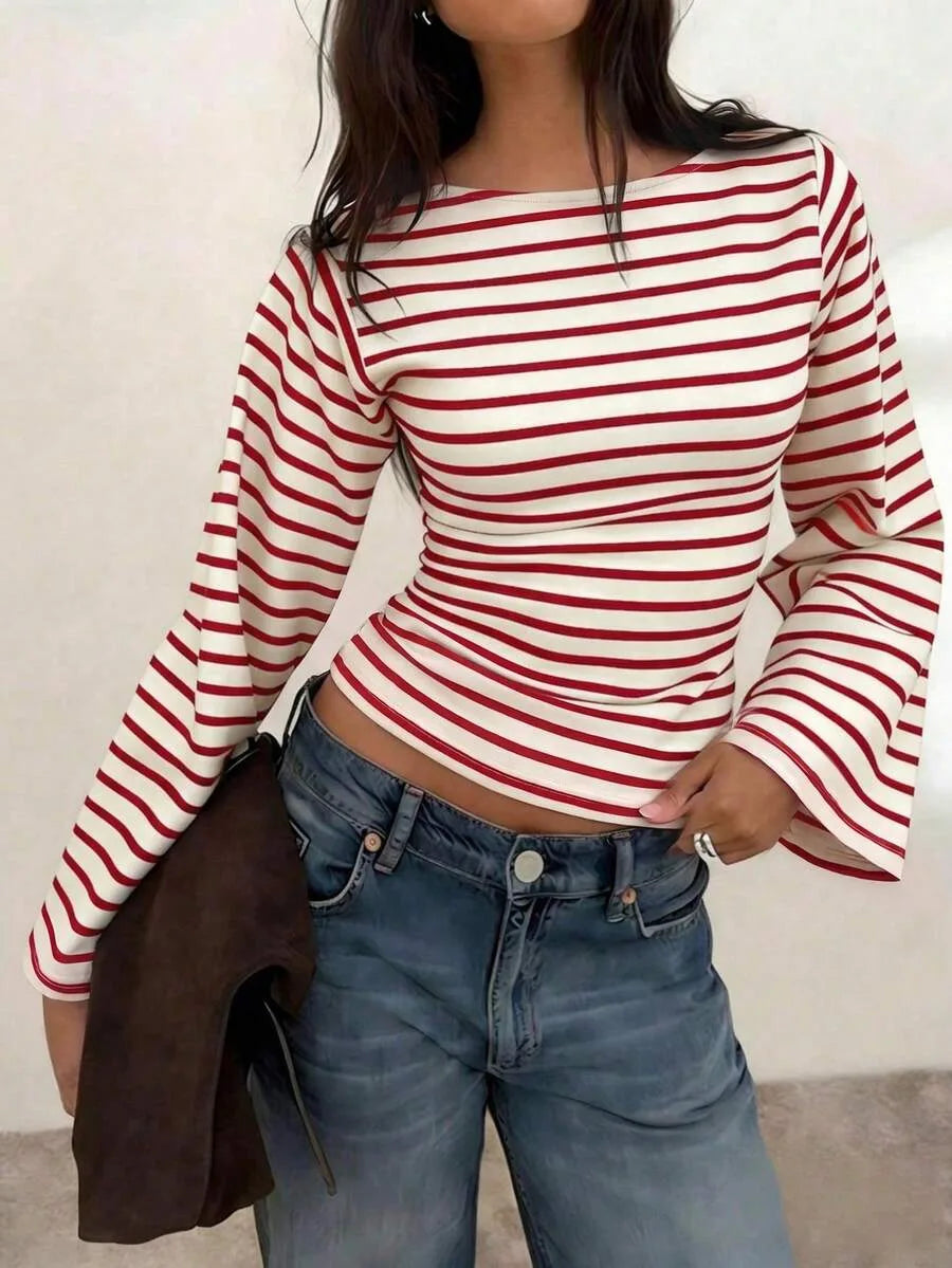 Women's T-Shirt | Striped Rib-Knit | Boat Neck & Cropped Long Sleeve