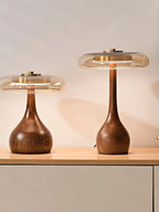 Table Lamp | Walnut-Tone Wood & Amber Glass | Warm LED Light