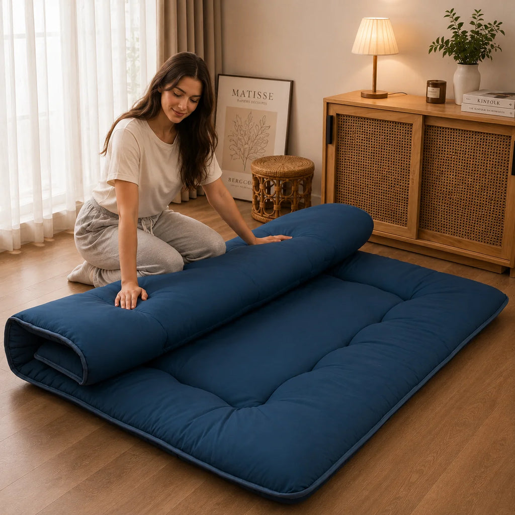 Japanese Futon Mattress | Quilted 4-Inch & Foldable | Washable Polyester