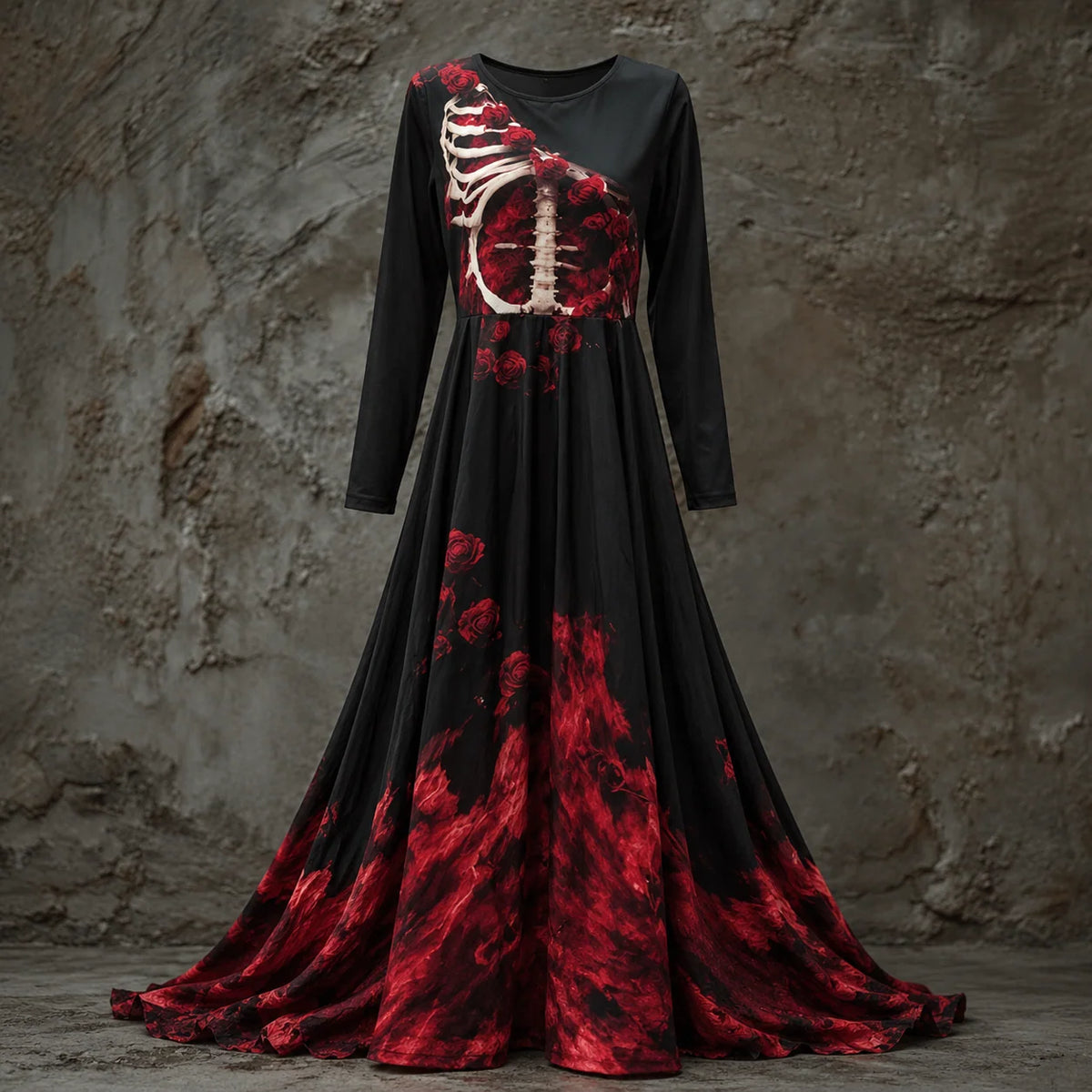 Halloween Dress | Skeleton Bodice & Rose Details | Long-Sleeved