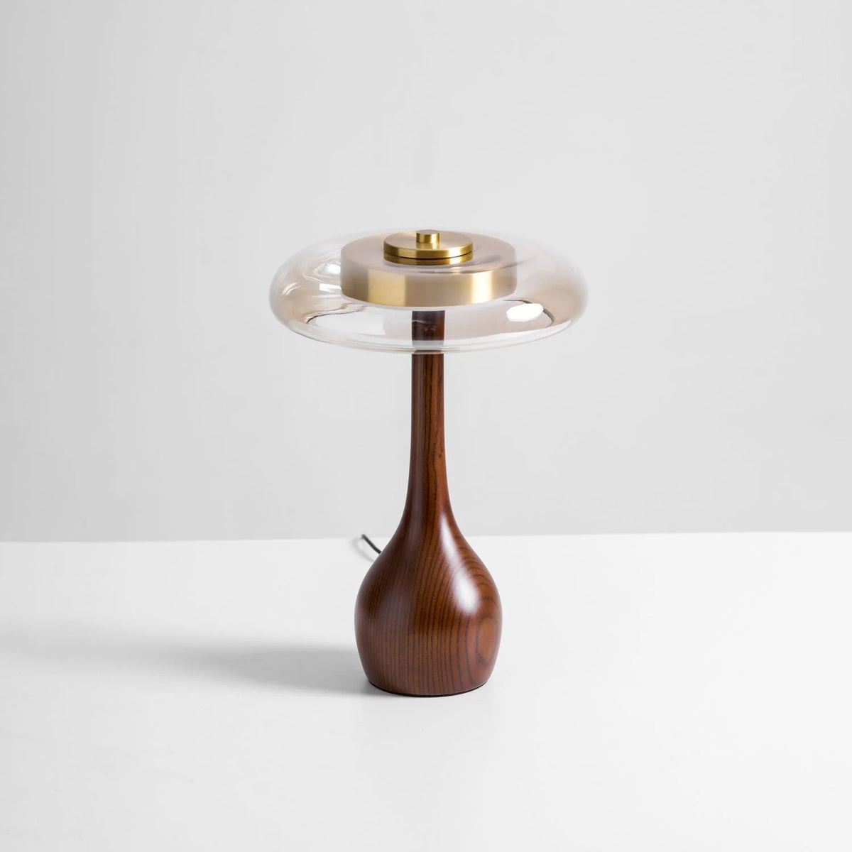 Table Lamp | Walnut-Tone Wood & Amber Glass | Warm LED Light