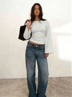 Women's T-Shirt | Striped Rib-Knit | Boat Neck & Cropped Long Sleeve