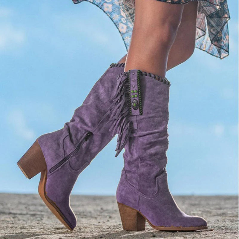 Knee-High Boots | Faux Suede Fringe Detail & Block Heel