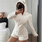 Fleece Romper | Plush Hood With Bear Ears | Front Zipper