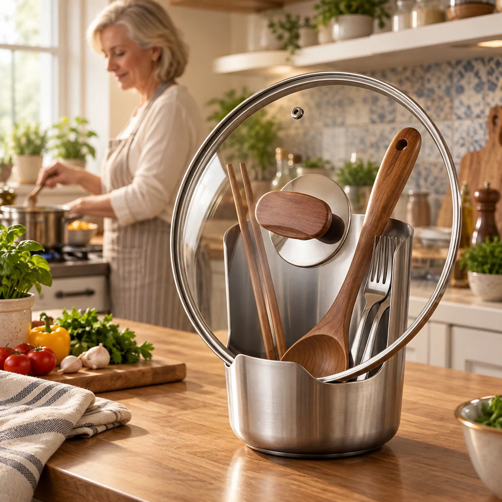 Utensil & Pot Lid Holder | Stainless Steel Drip-Catching Weighted Base