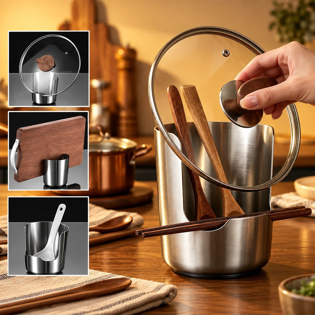 Utensil & Pot Lid Holder | Stainless Steel Drip-Catching Weighted Base