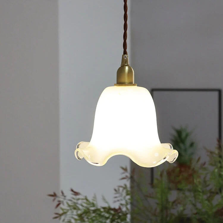 Pendant Light | Brass & Floral Glass Shade | 200 cm Cable