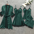 Sleepwear Set | Silk Satin & Lace Trim | 4-Piece Set