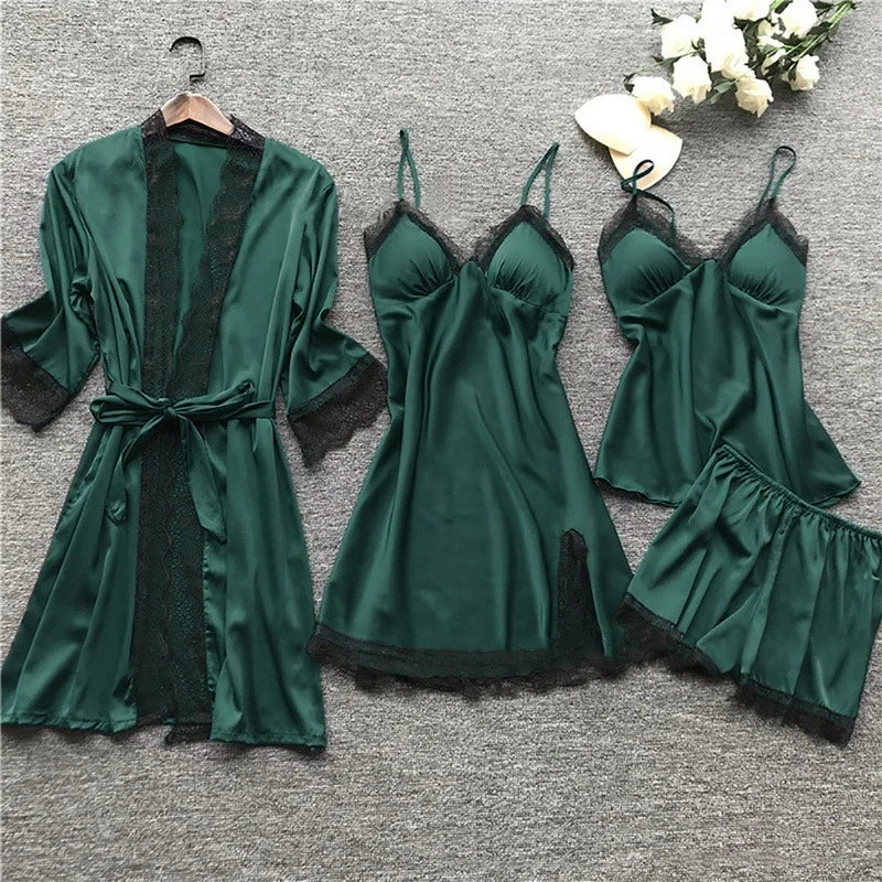 Sleepwear Set | Silk Satin & Lace Trim | 4-Piece Set