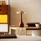 Table Lamp | Walnut-Tone Wood & Amber Glass | Warm LED Light