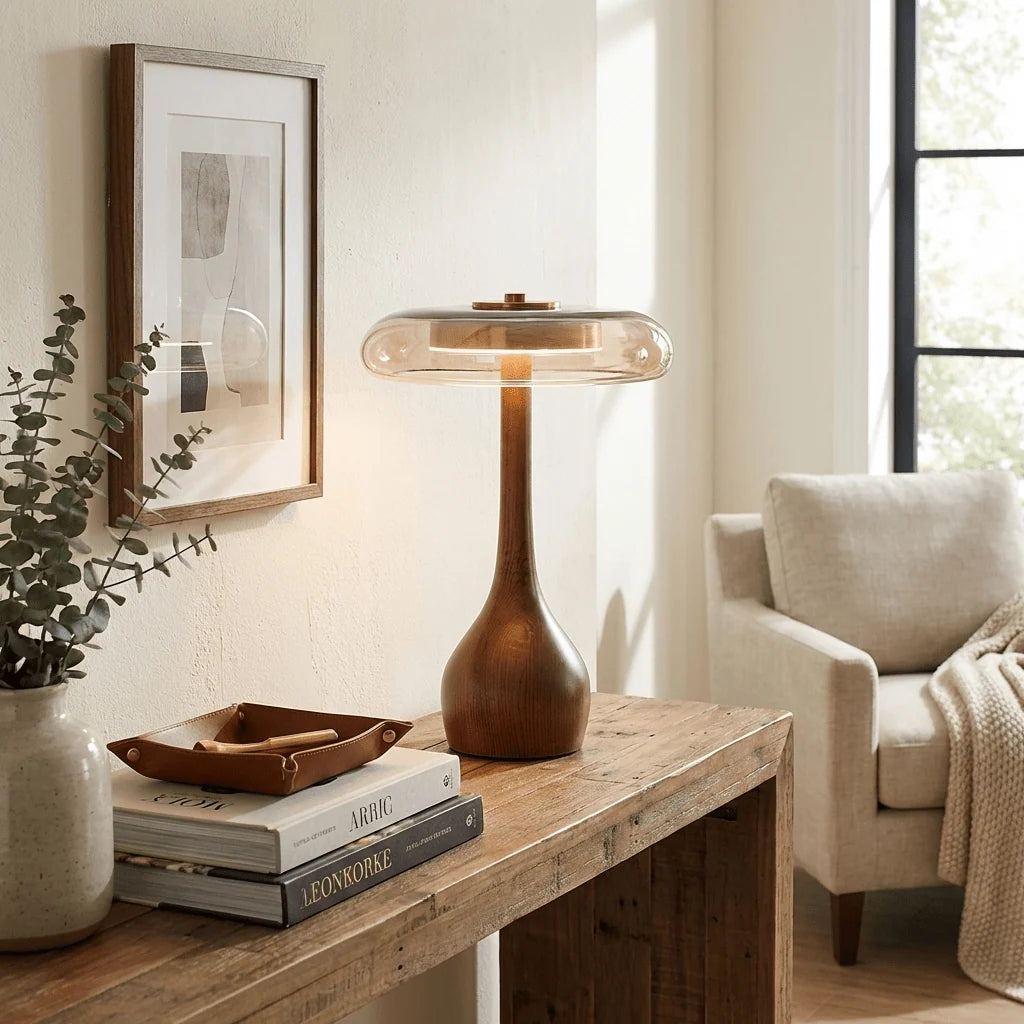 Table Lamp | Walnut-Tone Wood & Amber Glass | Warm LED Light