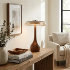 Table Lamp | Walnut-Tone Wood & Amber Glass | Warm LED Light