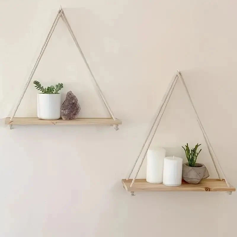 Hanging Wall Shelf | Rope-Supported & Wooden