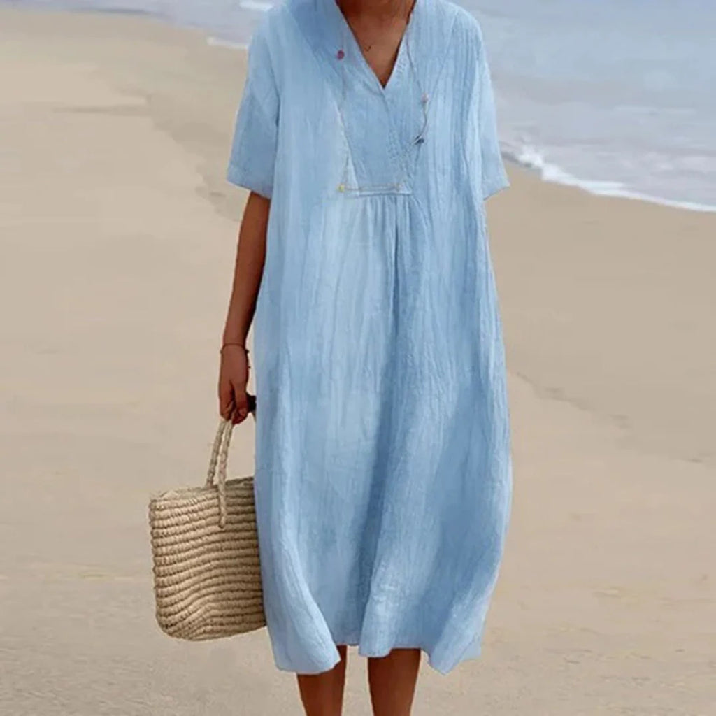 Women’s Midi Dress | Breathable Linen Blend V-Neck | Loose Fit
