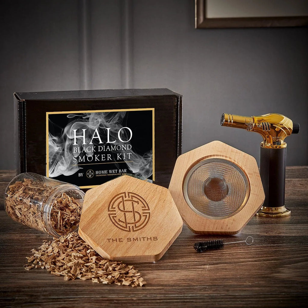 Cocktail Smoker Kit | Engraved Natural Wood | Includes Torch & Wood Chips