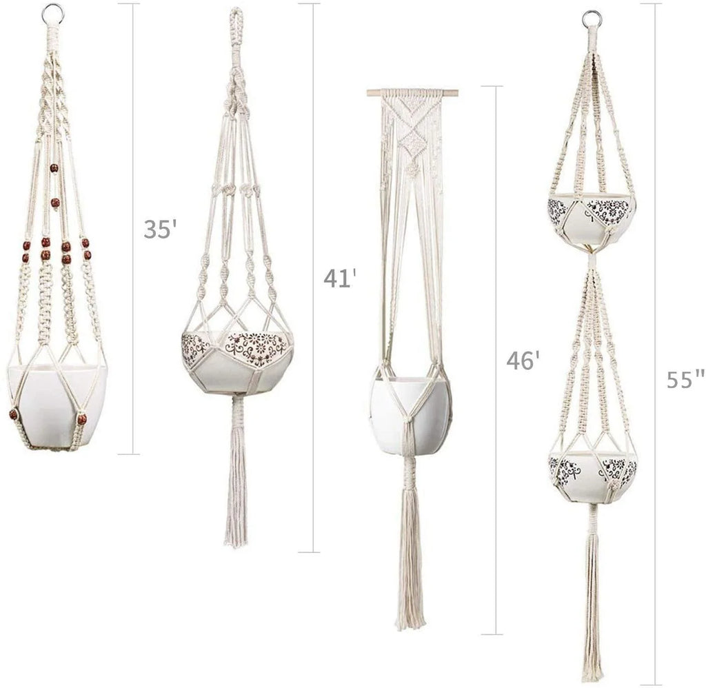 Macrame Plant Hangers | Handmade Cotton Cord & Beads | Set of 4