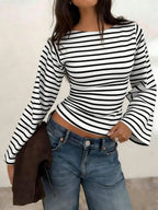 Women's T-Shirt | Striped Rib-Knit | Boat Neck & Cropped Long Sleeve
