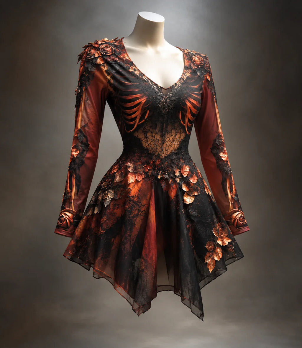 Mini Dress | Gothic Long Sleeve V-Neck | Bone-Inspired & 3D Floral Details