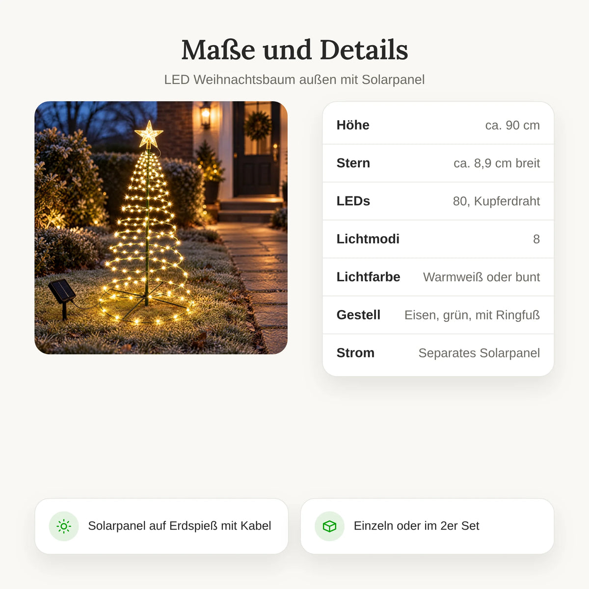 Outdoor LED Christmas Tree | Solar-Powered Spiral With Star | 90 cm