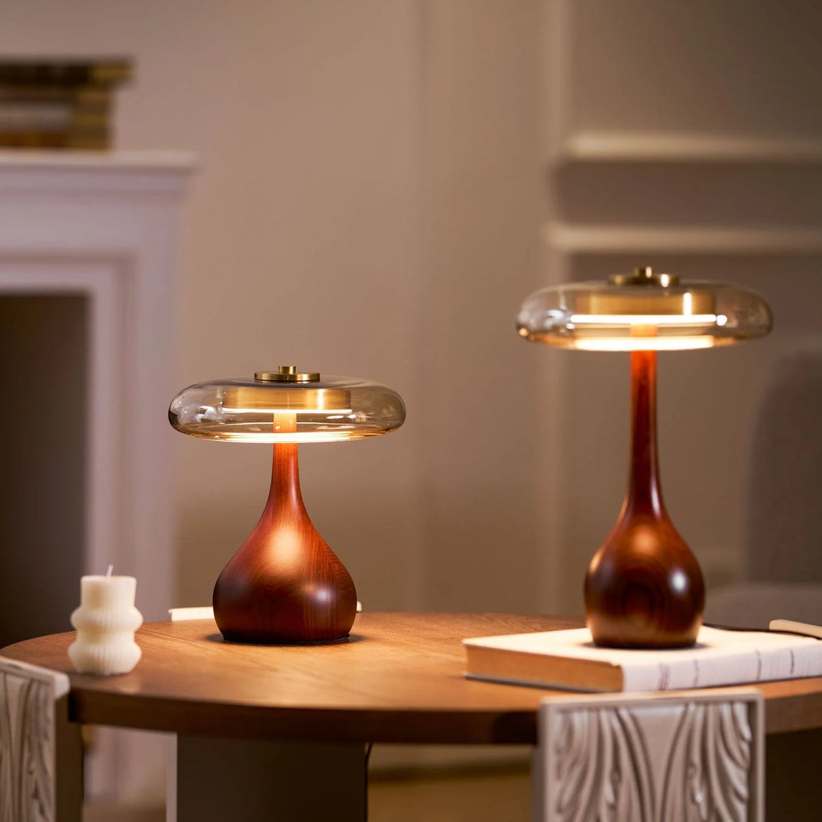 Table Lamp | Walnut-Tone Wood & Amber Glass | Warm LED Light