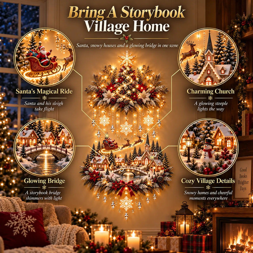 Christmas Tree Wall Hanging | Warm White LED Lights & Winter Village | 90 cm