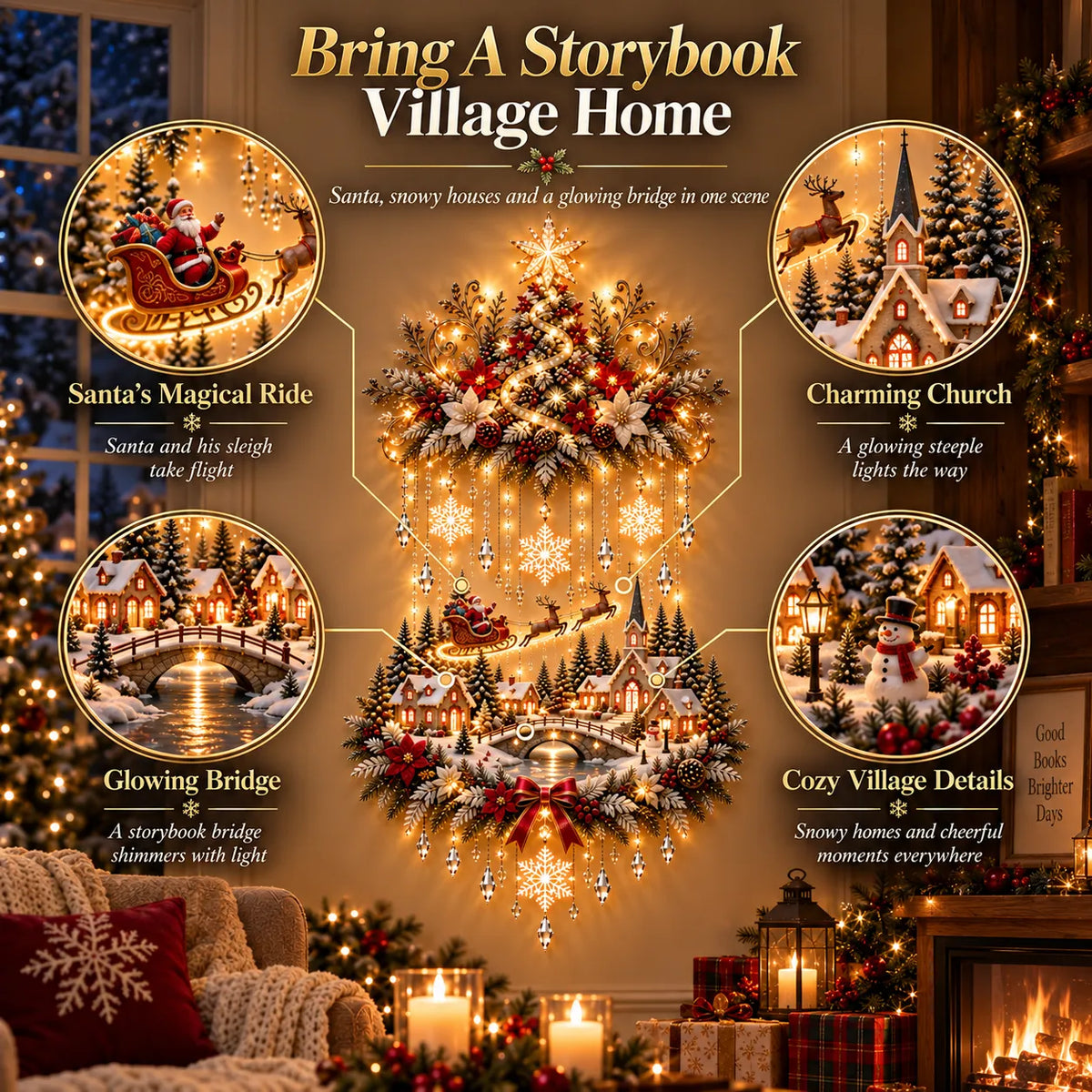 Christmas Tree Wall Hanging | Warm White LED Lights & Winter Village | 90 cm
