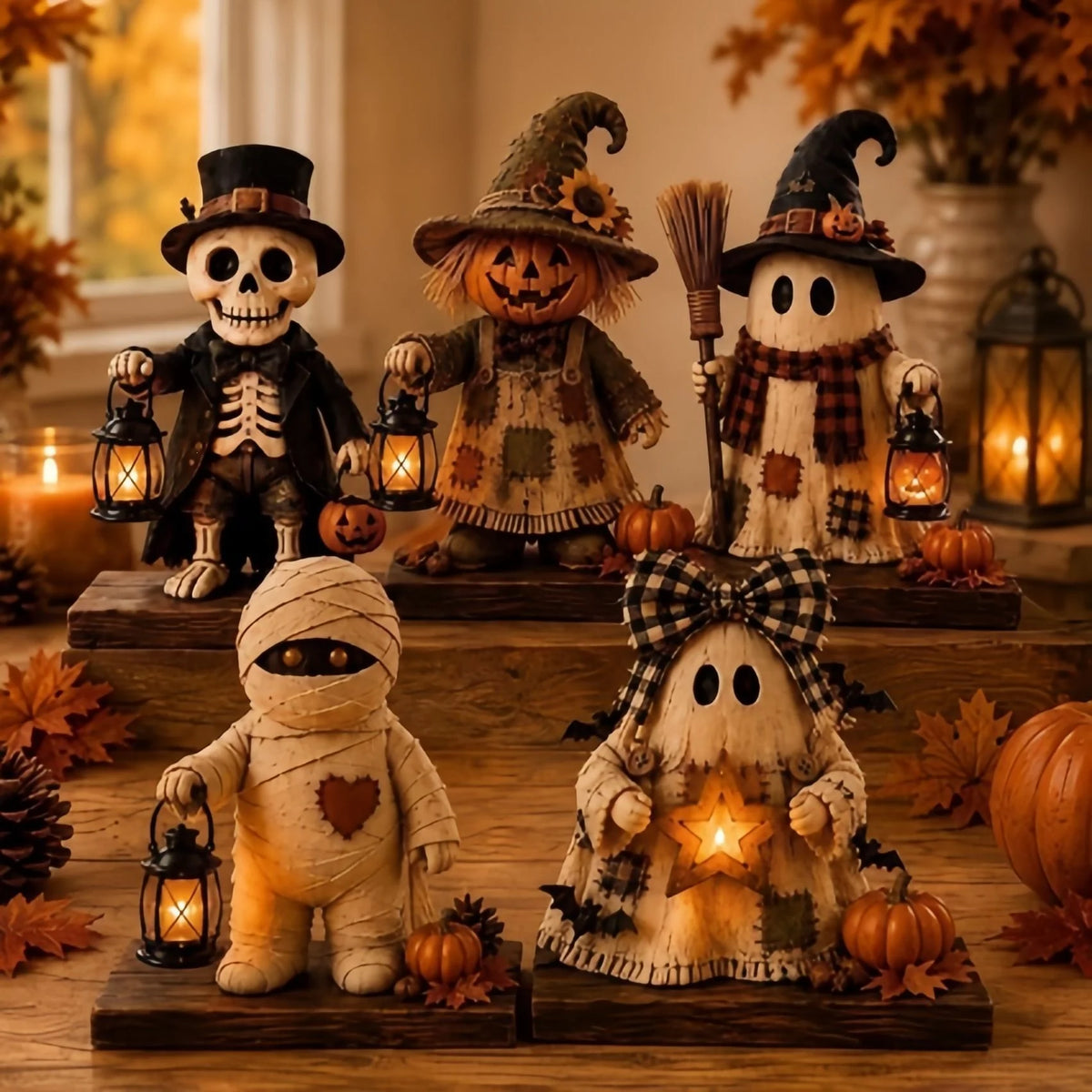Pumpkin Scarecrow Figurine | Warm Lantern Light | Indoor Autumn Decor