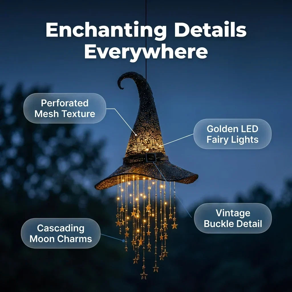 Hanging Witch Hat Decoration | Warm LED Light & Battery-Powered | Star & Moon Design