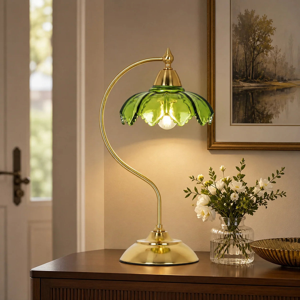 Table Lamp | Floral Glass Shade & Adjustable Arm