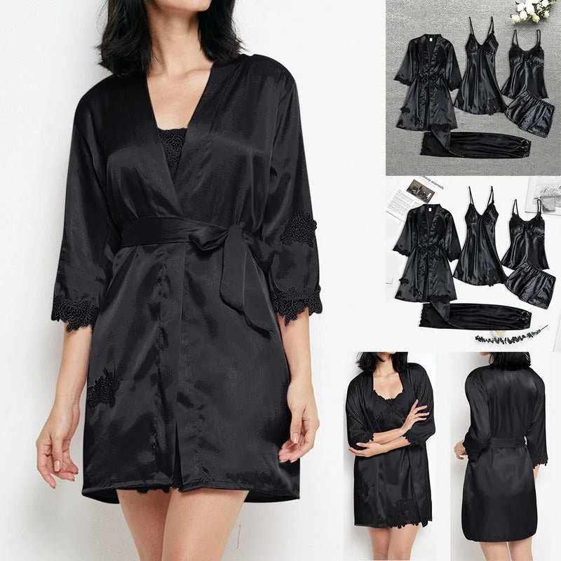 Sleepwear Set | Silk Satin & Lace Trim | 4-Piece Set
