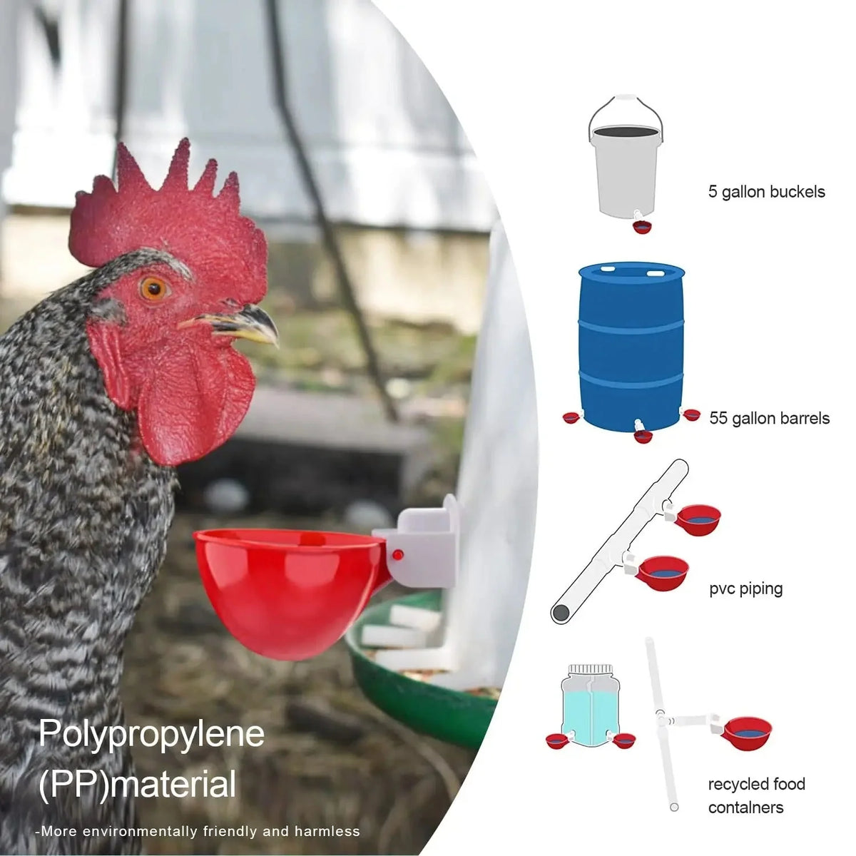 Chicken Waterer | Gravity-Fed & Leak-Proof Deep Cups | Set of 10